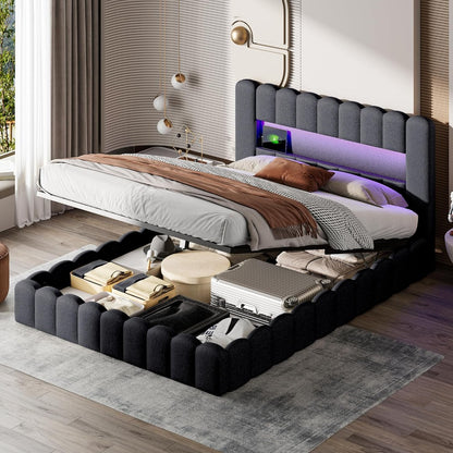 Boxspringbed – Boxspring – Tweepersoonsbed – Boxspringbedframe – Gestoffeerd Bed – 160x200 cm – LED Hoofdbord – USB Laadpoorten – Opbergruimte – Lattenbodem