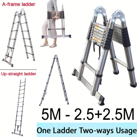 5M Telescopic Straight Ladder A-Frame Stainless Steel Folding Ladder, 16.4FT 2-IN-1 Extension Ladder With Support Bar 149.69KG Max Load For Household Outdoor Work