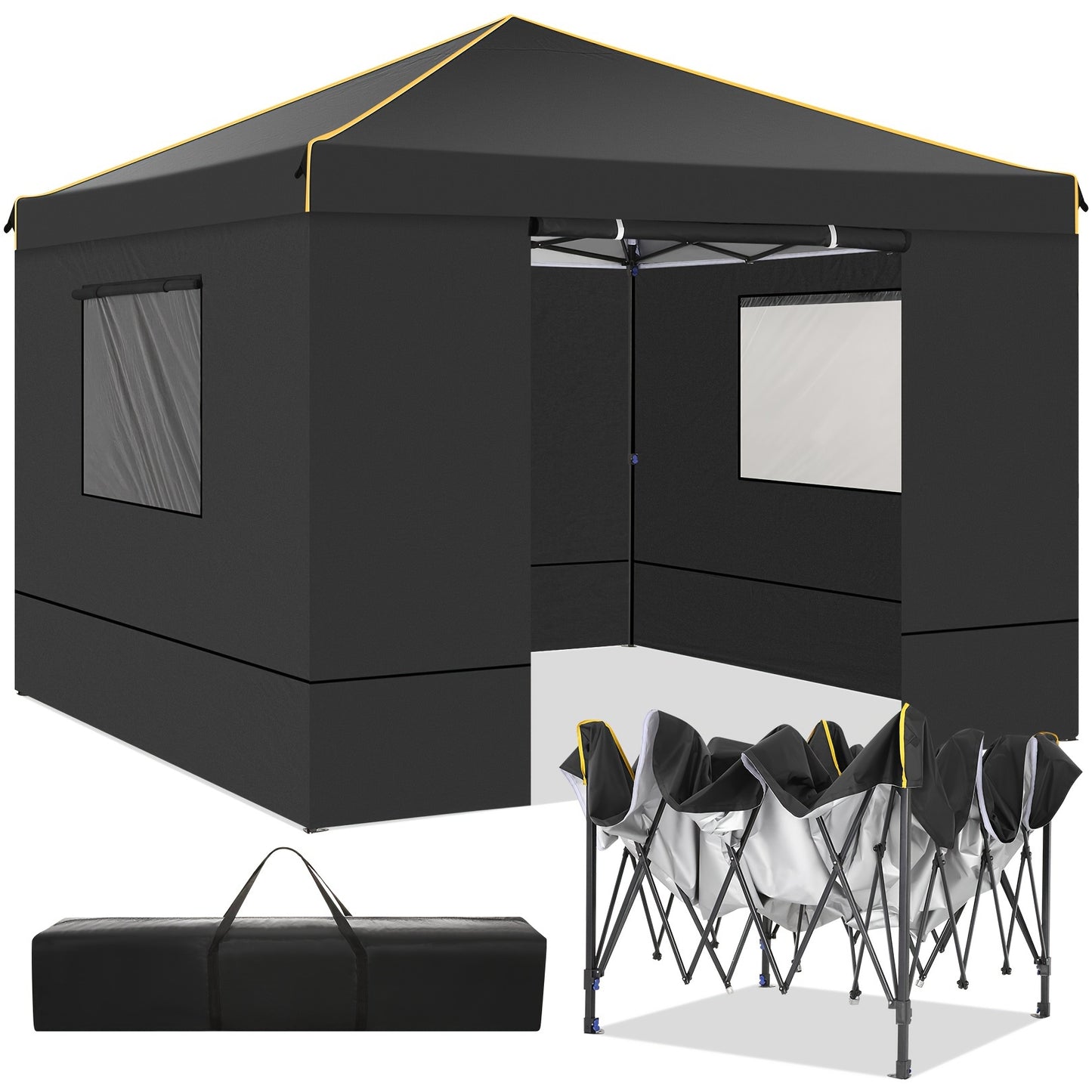 Partytent – Vouwtent – Paviljoen – Feesttent – Tuinentent – 3x3 m – Vier Wanden – Snel Opzetten – Metaal Frame – Zwart