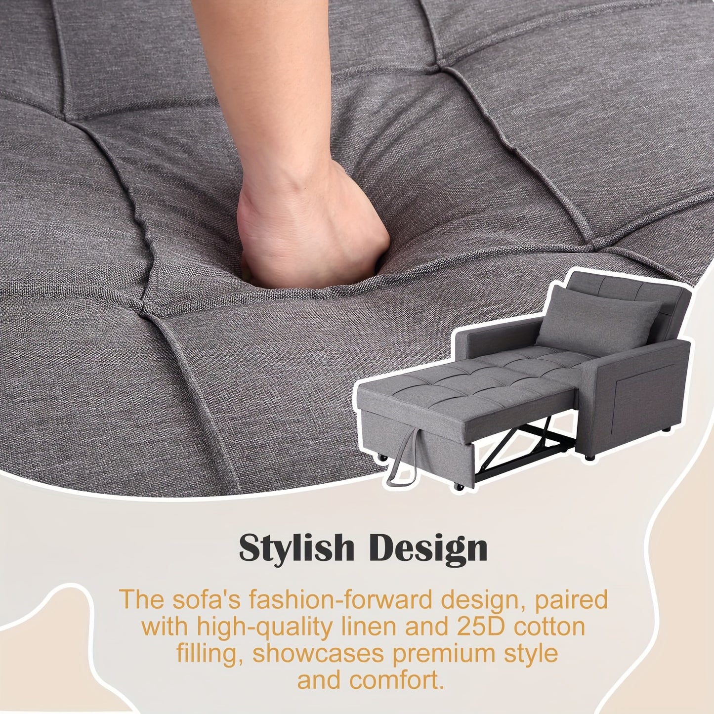 3-in-1 Slaapstoel – Slaapbank – Loungestoel – Relaxzetel – Opklapbare Stoel – Verstelbare Rugleuning 90°-180° – Stevig Metalen Frame – Donkergrijs Linnen