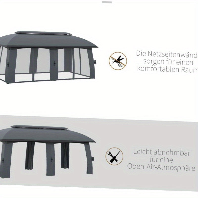 Partytent – Paviljoen – Tuintent – Feesttent – Overkapping – 3x6 m – Met Dubbele Dakbedekking en Zijwanden Met Muggennet – Stevig Metalen Frame – Ruim Voor 15 Personen – Donkergrijs/Zwart