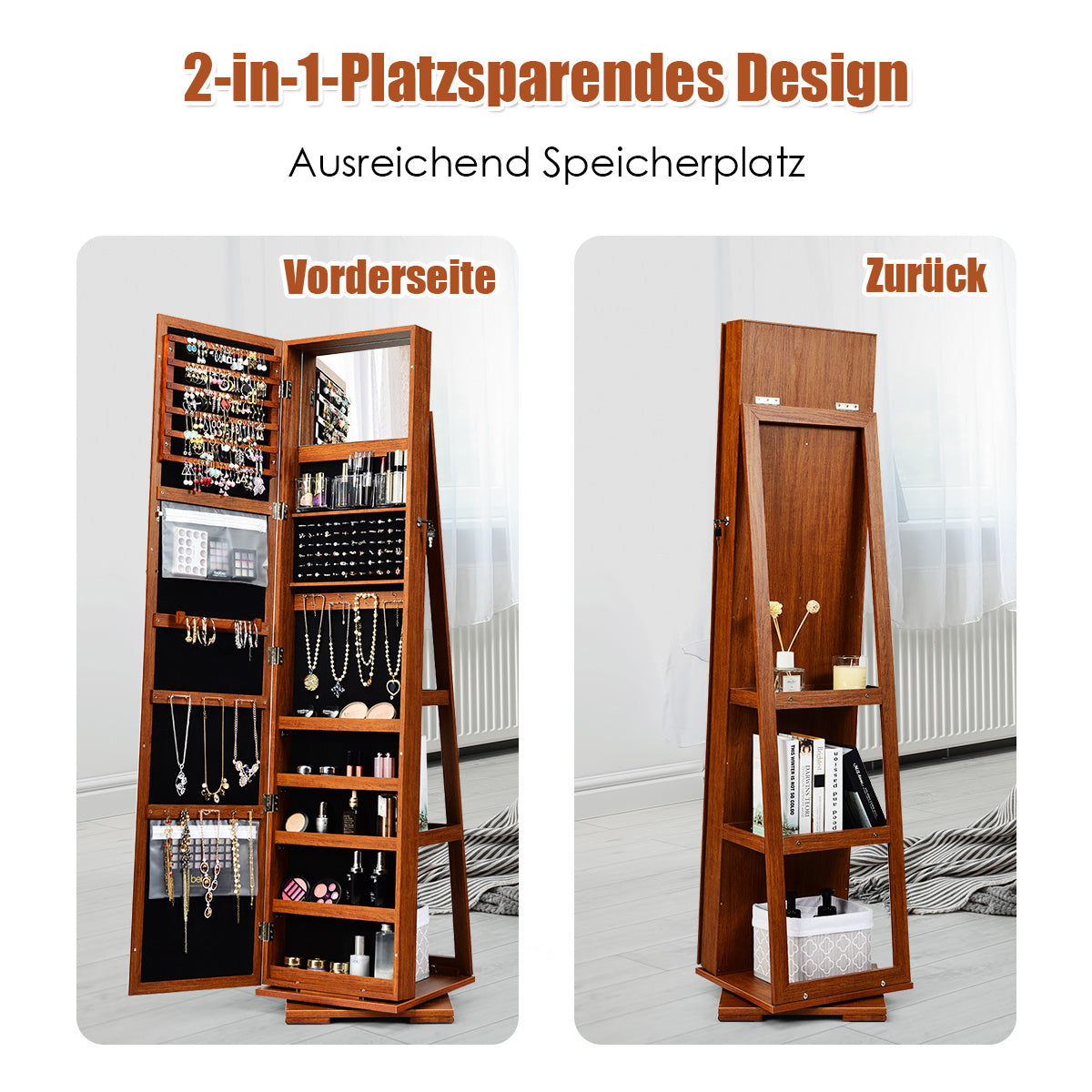 Sieradenkast – Juwelenkast – Spiegelkast – Sieradenopberger – Make-upspiegel – Vrijstaand – Draaibaar – Slot Met Sleutels – MDF Bruin 161 cm Hoog