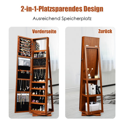 Sieradenkast – Juwelenkast – Spiegelkast – Sieradenopberger – Make-upspiegel – Vrijstaand – Draaibaar – Slot Met Sleutels – MDF Bruin 161 cm Hoog