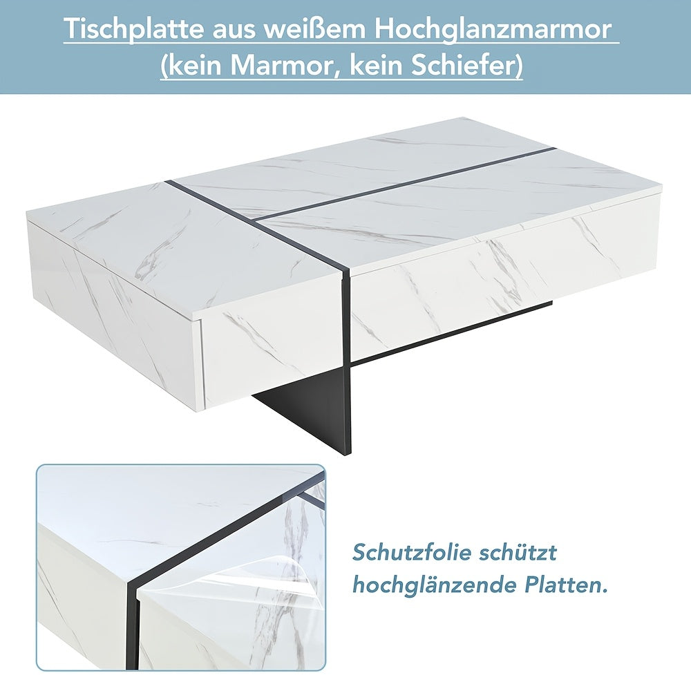 Witte Salontafel – Koffietafel – Bijzettafel – Tafel – Meubel – Marmerlook – Hoogglans Tafelblad – Bamboe Materiaal