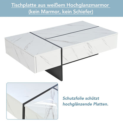 Witte Salontafel – Koffietafel – Bijzettafel – Tafel – Meubel – Marmerlook – Hoogglans Tafelblad – Bamboe Materiaal