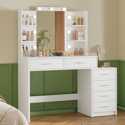 Toilettafel – Kaptafel – Make-up Tafel – Opmaaktafel – Dressoir – Wit – Verlichte Spiegel – 6 Laden en 4 Open Vakken