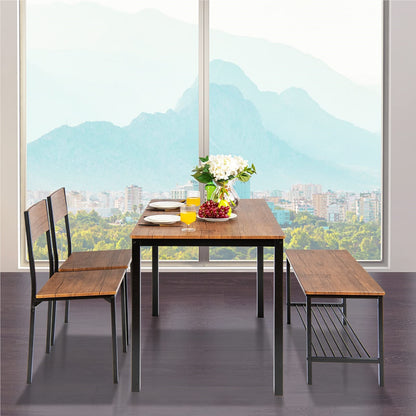 Eettafel Set 4-delig – Keukentafel – Stoelenset – Eetkamertafel – Industrieel Tafeldesign – Metaal Frame – Grote Bank Met Opbergruimte – Bruin