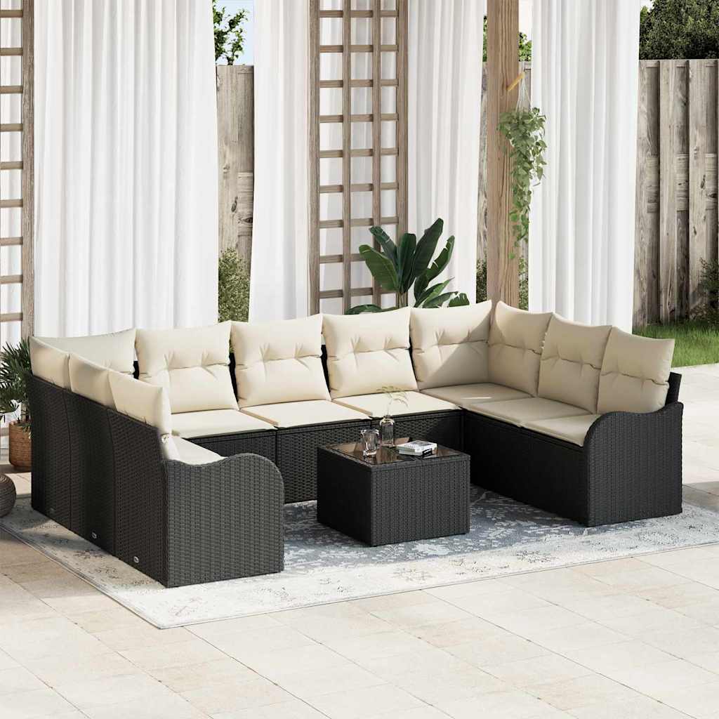 Tuinbank – Buitenbank – Loungeset – Tuinmeubel – Modulaire Loungeset – Handgevlochten Rattan – Comfortabele Schuimkussens – Inclusief Salontafel – Zwart met Crème