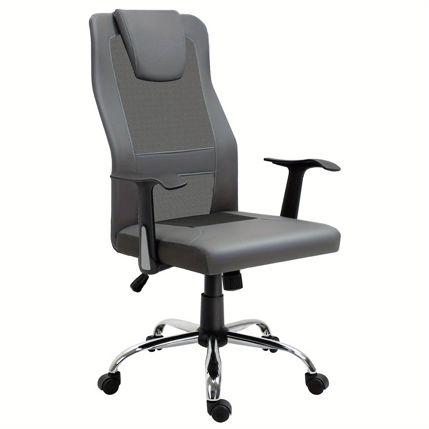 Ergonomische Bureaustoel – Bureaustoel Met Armleuningen – Draaistoel – Werkstoel – Bureaustoel Voor Thuis – Verstelbare Zithoogte – 360° Draaibaar – Grijs Kunstleer – Stevige Houten Constructie – Max. 120 kg
