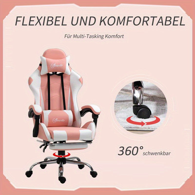 Gamingstoel – Bureaustoel – Gamestoel – Werkstoel – Office Chair – Ergonomisch – Verstelbare Hoogte 119-127 cm – 360° Draaibaar – Lendensteun – Metalen Frame – PVC Leer – Hoofdsteun – Roze Zwart