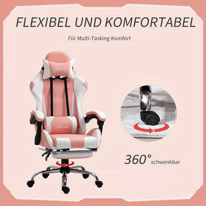Gamingstoel – Bureaustoel – Gamestoel – Werkstoel – Office Chair – Ergonomisch – Verstelbare Hoogte 119-127 cm – 360° Draaibaar – Lendensteun – Metalen Frame – PVC Leer – Hoofdsteun – Roze Zwart