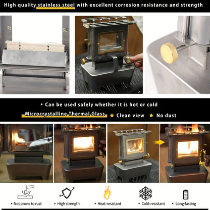 Houtkachel – Campingkachel – Outdoor Stove – Kooktoestel – Verwarmer – Roestvrijstaal – Glazen Kijkvenster – Compact & Draagbaar – Instelbare Vlamregeling