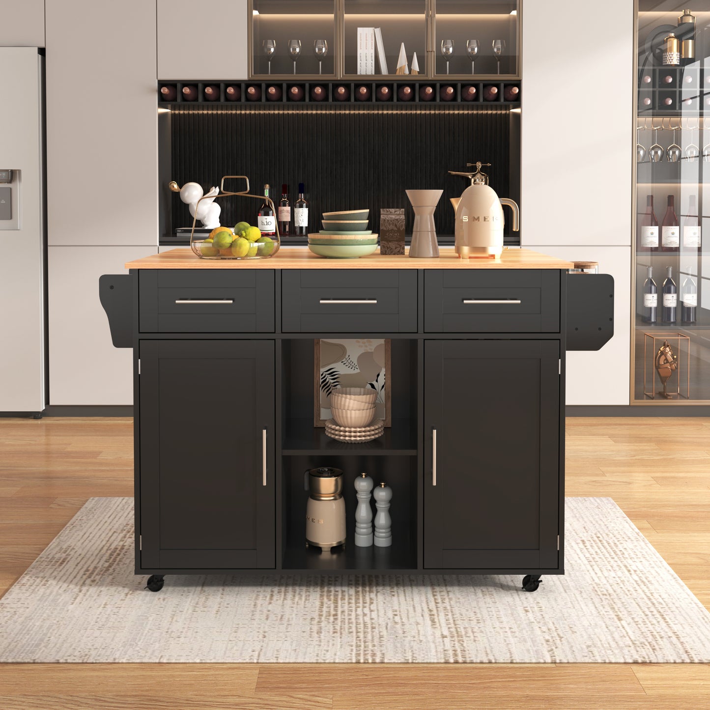 Keukenwagen – Keukentrolley – Servierwagen – Keukenkar – Rolkast – Uitklapbaar Werkblad – Houtlook Blad – 139x46(71)x91,5 cm – Met Laden en Verstelbare Planken – Mobiel en Vast Plaatsbaar – Zwart Met Houten Poten