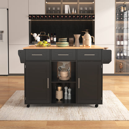 Keukenwagen – Keukentrolley – Servierwagen – Keukenkar – Rolkast – Uitklapbaar Werkblad – Houtlook Blad – 139x46(71)x91,5 cm – Met Laden en Verstelbare Planken – Mobiel en Vast Plaatsbaar – Zwart Met Houten Poten