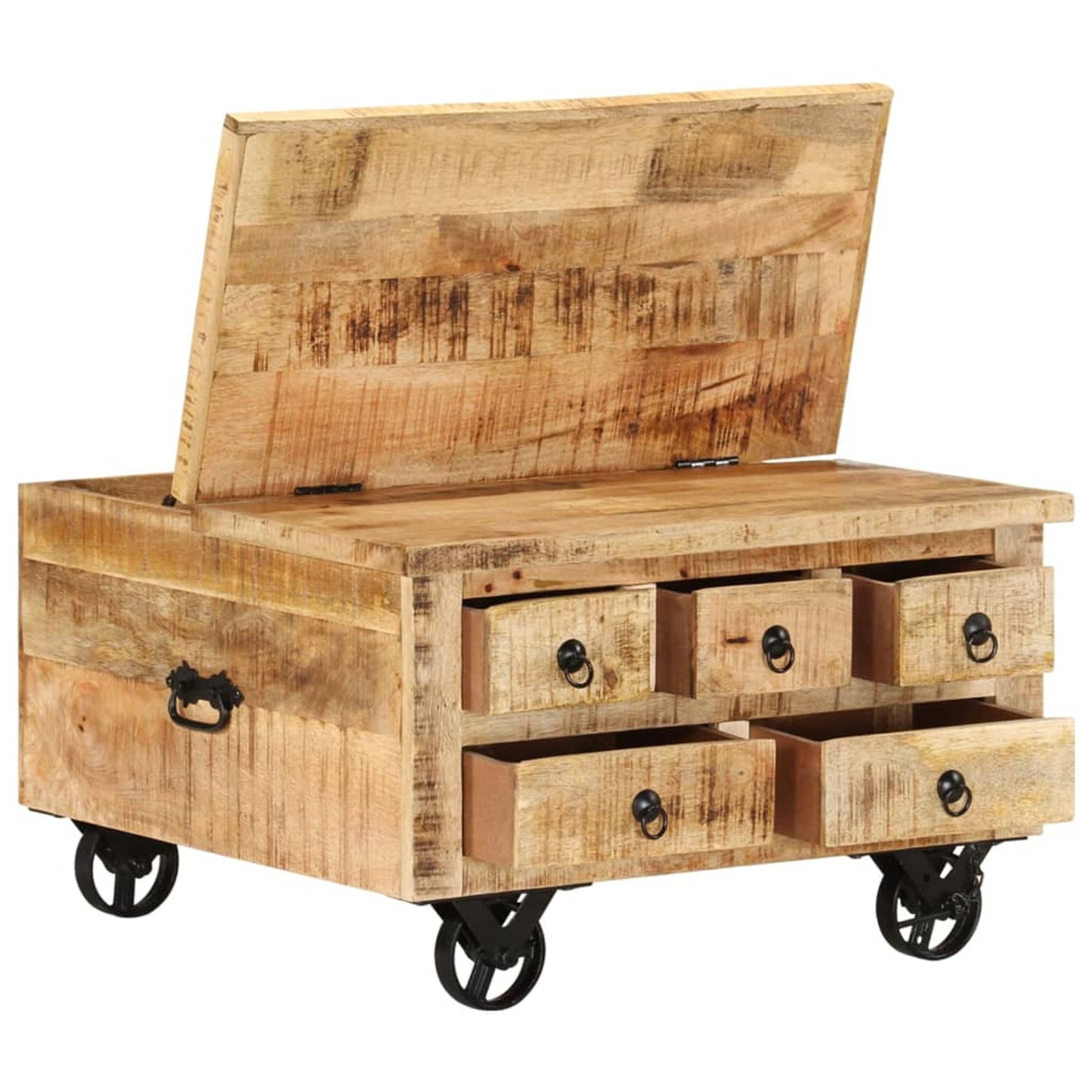 Salontafel – Koffietafel – Woonkamertafel – Bijzettafel – Eettafel – Ruw Mangohout – 70x70x40 cm – 5 Lades + Groot Opbergvak