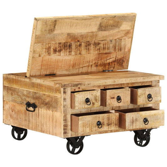 Salontafel – Koffietafel – Woonkamertafel – Bijzettafel – Eettafel – Ruw Mangohout – 70x70x40 cm – 5 Lades + Groot Opbergvak
