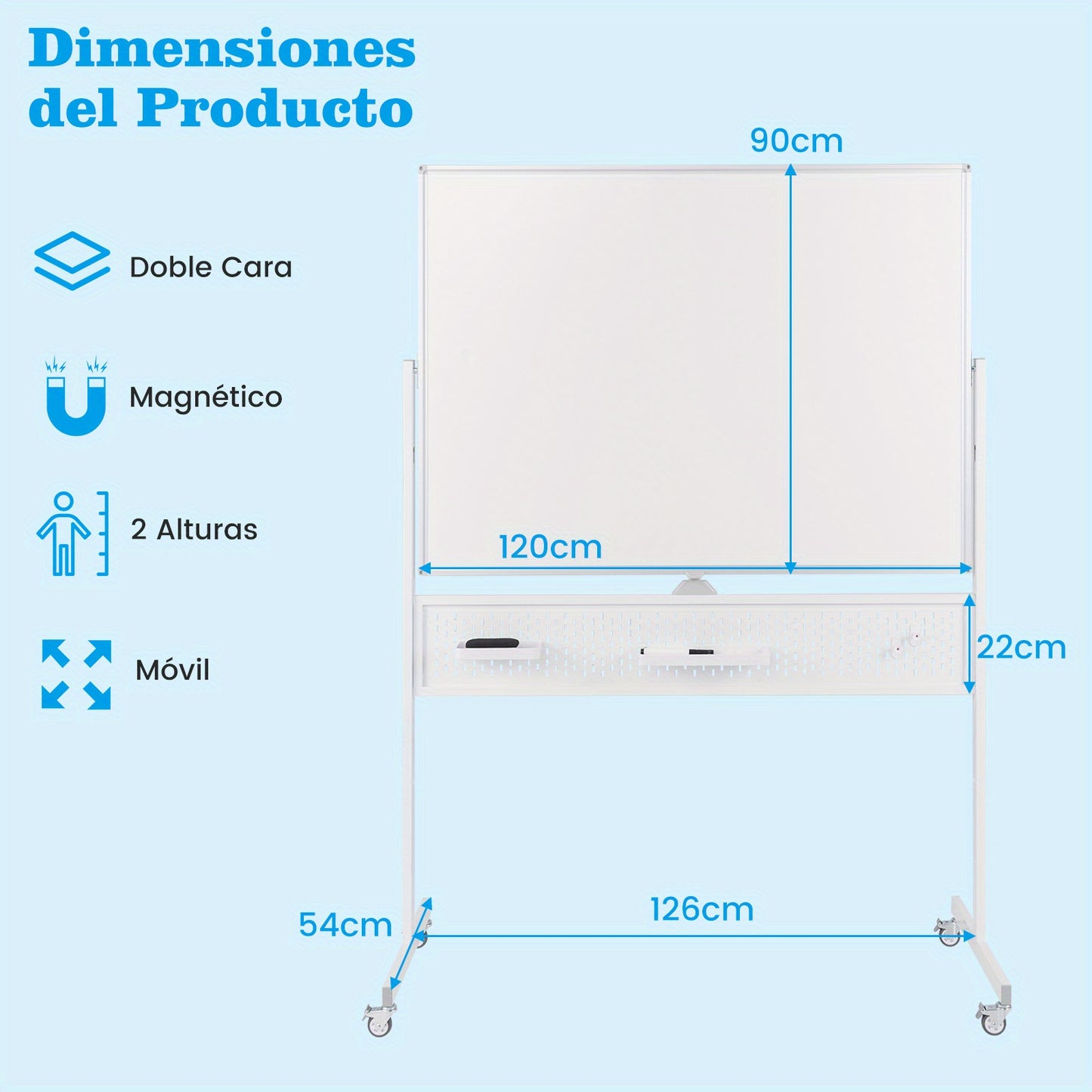 Whiteboard – Schrijfboard – Memobord – Magneetbord – Schoolbord – Dubbelzijdig Magnetisch – Met Metalen Frame 120x90 cm – Mobiel Met Standaard en Pegboard Organizer