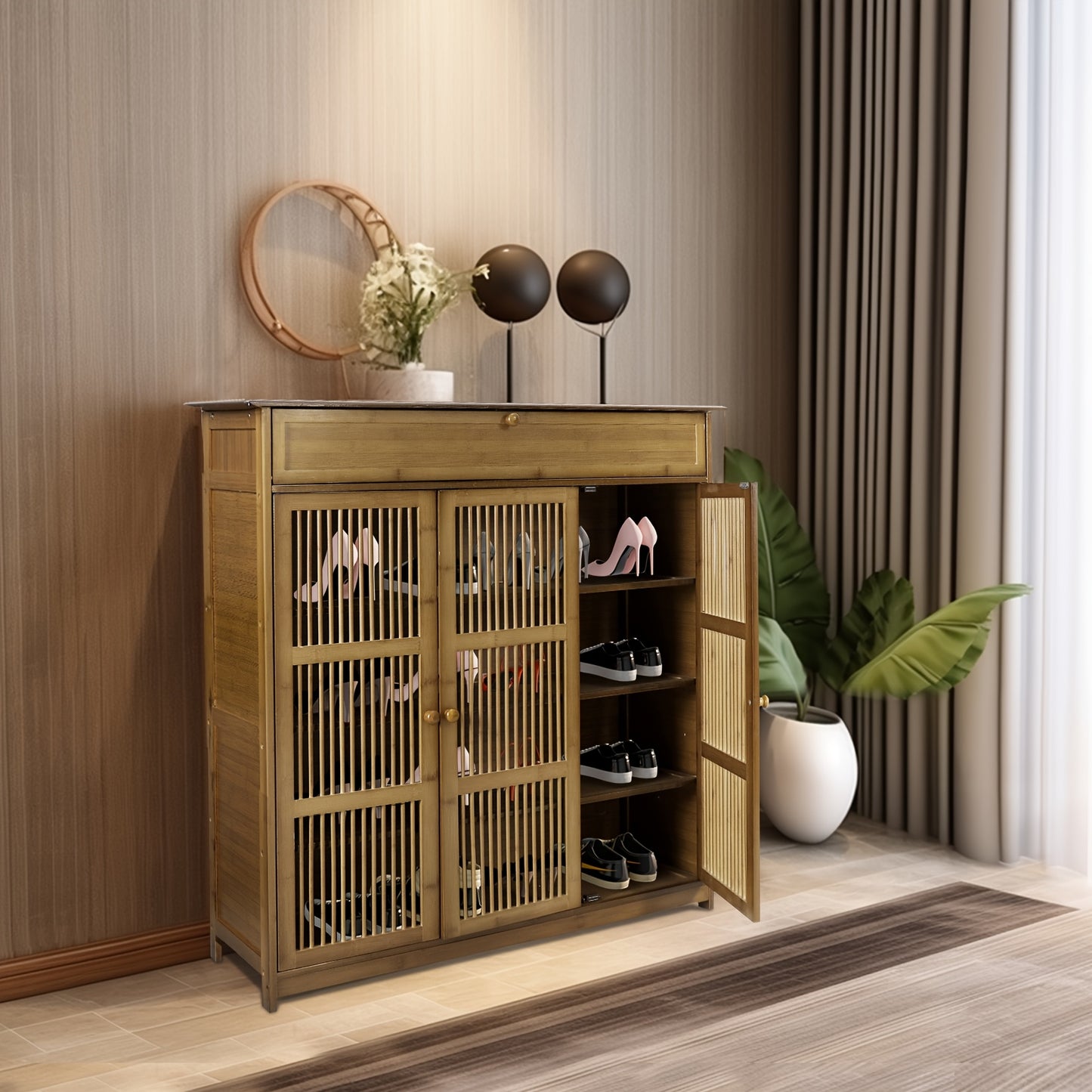 Schoenenkastje – Schoenenrek – Schoenenopberger – Schoenentoren – Schoenenkast – Natuurlijk Bamboe Design – 4 Planken Met Lade – Compact 93x32x98 cm