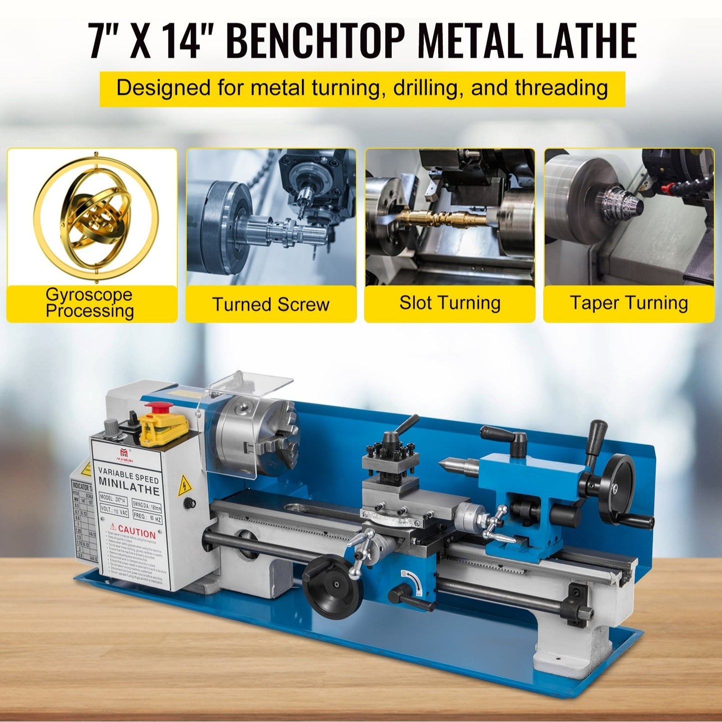 Metaaldraaibank – Mini Draaibank – Metalen Draaibank – Precisiedraaibank – Tafel Draaibank – 550W Motor – Variabele Snelheid 50-2250 RPM - 7x14 Inch