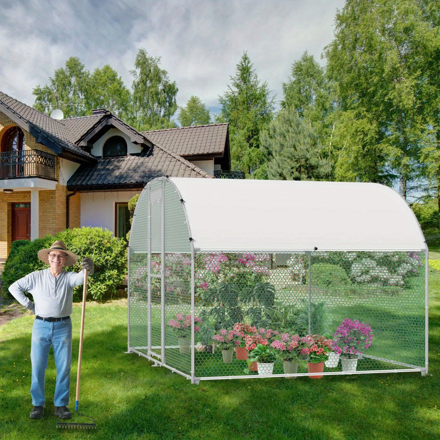 Chicken Coop 300x200x185cm Free-Range Enclosure Cages Small Animal Coop Galvanized Steel Chicken Cage Poultry Coop Aviary with PE Roof Outdoor Enclosure with Lock Poultry Coop, Dome Roof