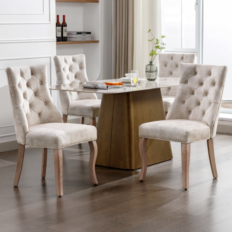 Eetkamerstoel – Stoel – Dinerenstoel – Zithoekstoel – Keukenstoel – Set Van 4 – Hoge Rugleuning – Fluwelen Beige Bekleding