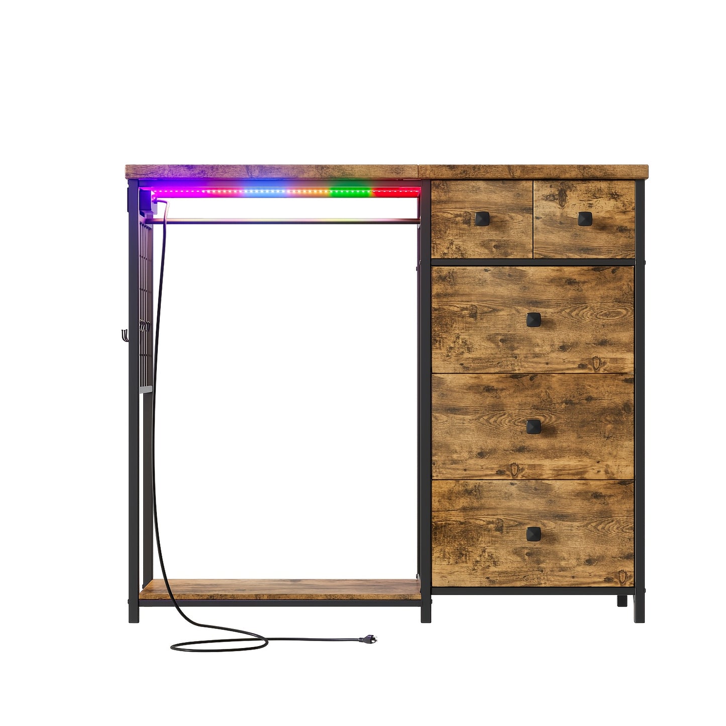 Kast Met Laden – Ladekast – Opbergkast – Dressoir – Kledingkast – Lichtbruin Met Houten Afwerking – Vijf Ruime Laden – Inclusief Hangers En Schoenrek