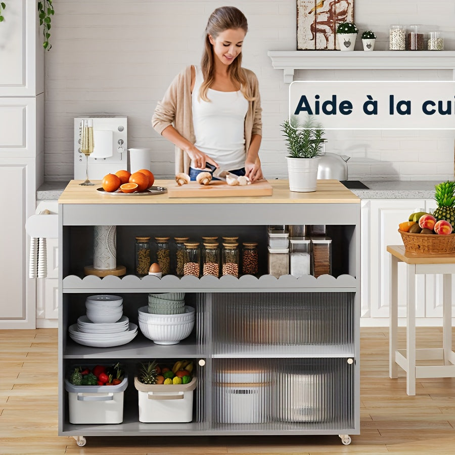 Keukeneiland – Keukentrolley – Buffetkast – Sideboard – Opbergkast – Grijs – Schuifdeur en Mobiel op Wieltjes – Ruime Opbergruimte met Open Vakken