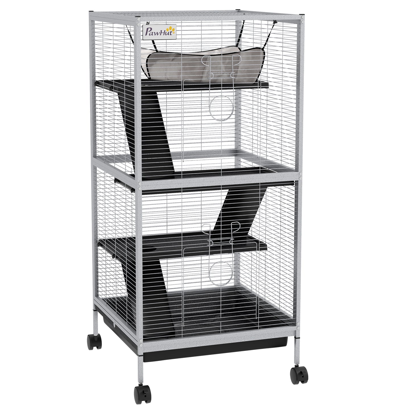 Dierenkooi – Knaagdierkooi – Chinchillakooi – Frettenkooi – Kleine Dieren Kooi – Met 4 Wielen En 2 Deuren – 3 Ramps En Hangmat – Wit – Metaal – 52x52x113,5 cm