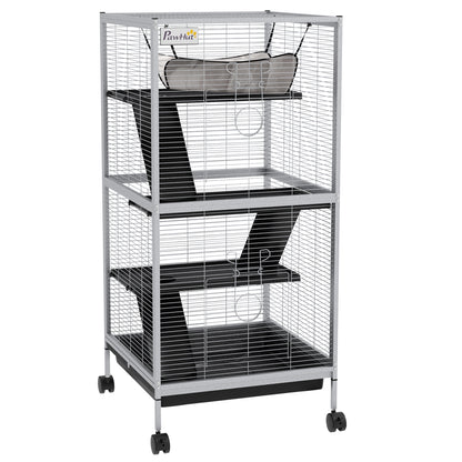 Dierenkooi – Knaagdierkooi – Chinchillakooi – Frettenkooi – Kleine Dieren Kooi – Met 4 Wielen En 2 Deuren – 3 Ramps En Hangmat – Wit – Metaal – 52x52x113,5 cm