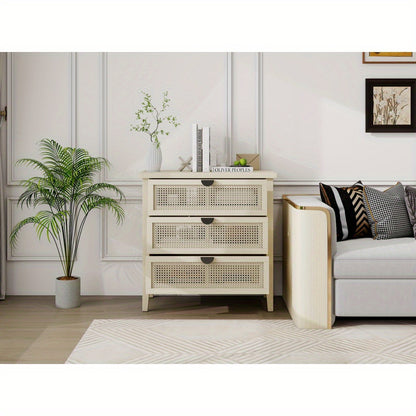 Dressoir – Kast – Opbergkast – Ladekast – Buffetkast – Modern Woven Honeycomb Design – 3 Lades Met Verwisselbare Deurpanelen – Duurzaam Niet-Houten Materiaal – Compact 80 cm Breed – Beige/Witte Afwerking Met Gouden Accenten