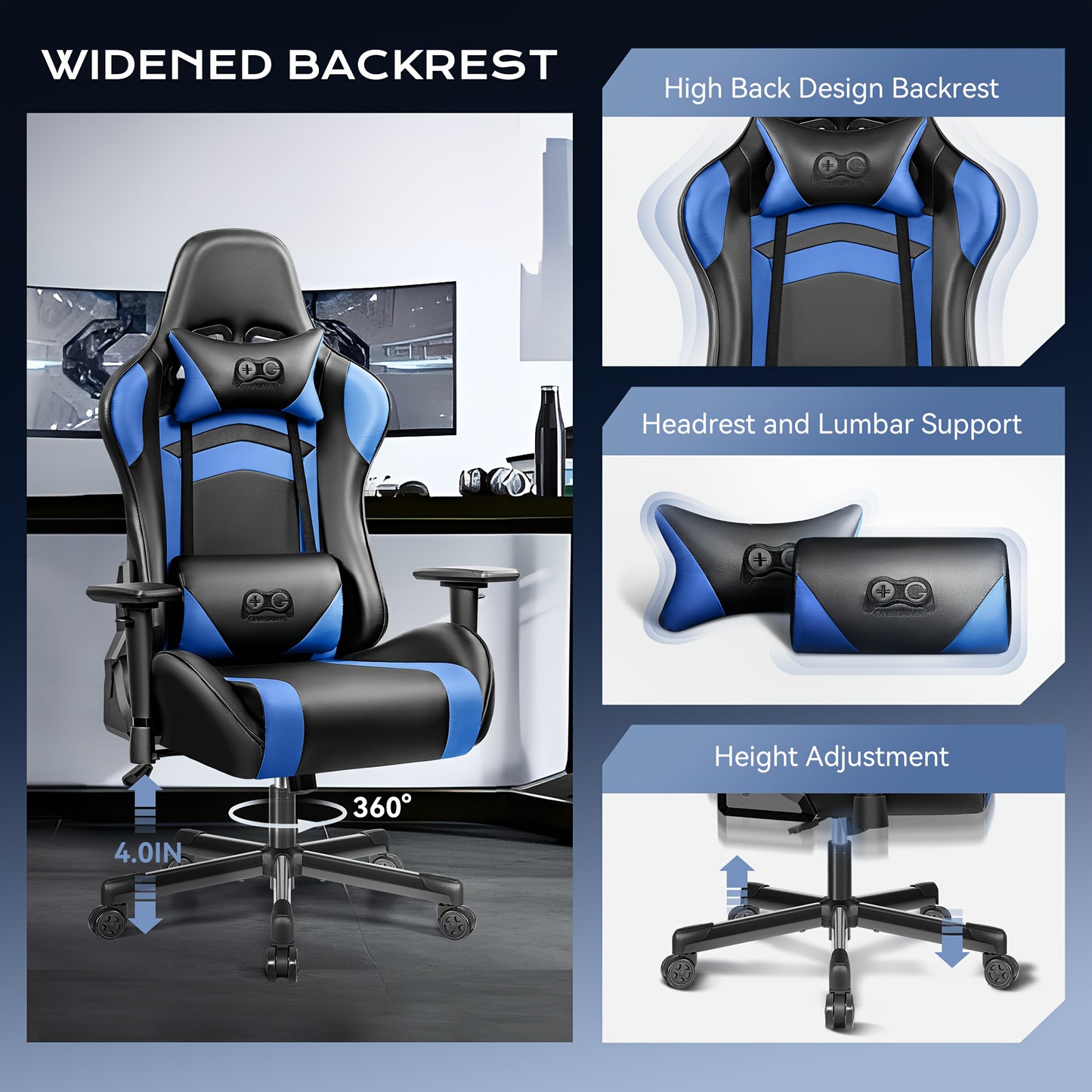 Gamingstoel – Game Stoel – Bureaustoel – Racestoel – Ergonomische Zitstoel – Verstelbare Rugleuning – 3D Armleuningen – Zwart Blauw