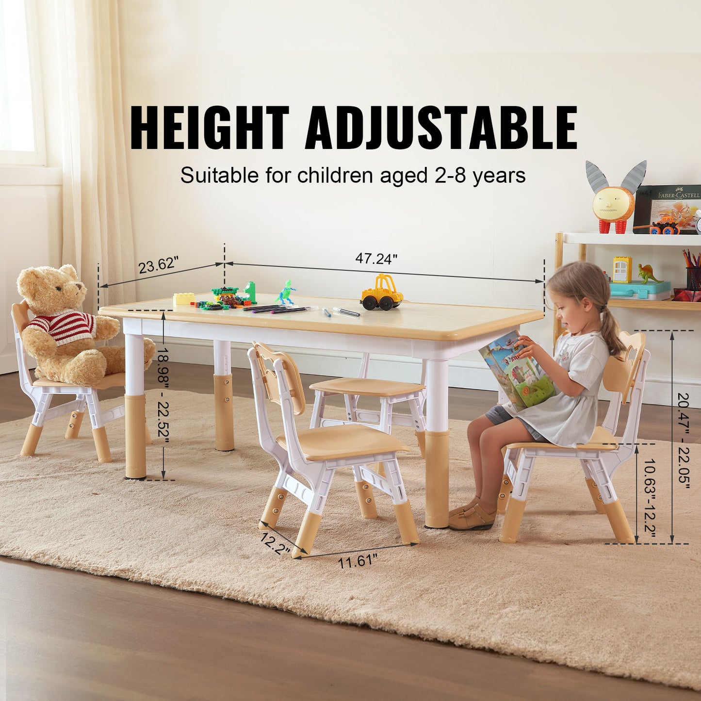 Kinderstoel – Kindertafel – Kinderset – Meegroeistoel – Speeltafel – Verstelbare Hoogte – Duurzaam Kunststof & Hout
