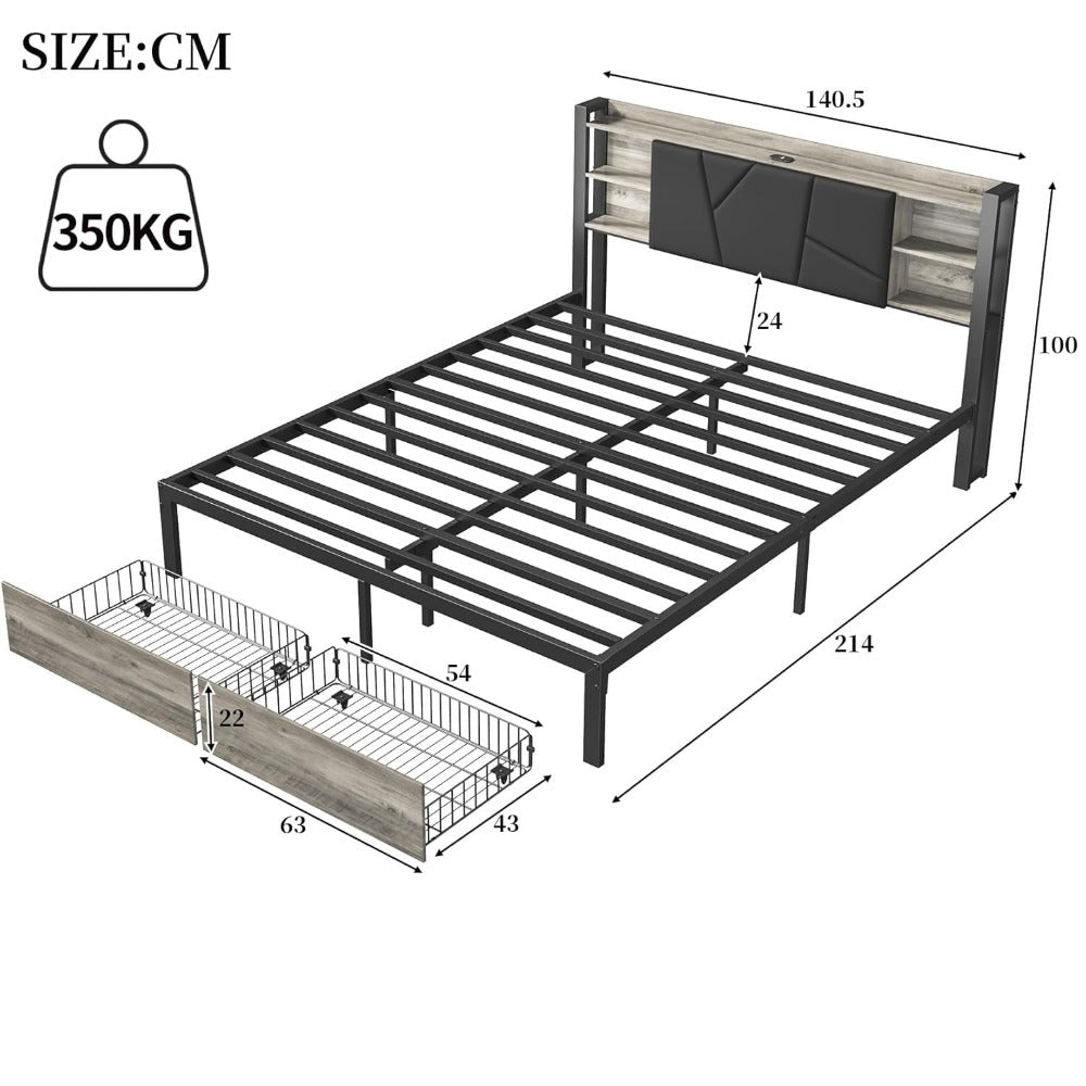 Tweepersoonsbed – Dubbelbed – Bedframe – Lit 160x200 – Gestoffeerd Bed – LED-verlichting – USB-oplaadpoort – Met Laden – Metalen Lattenbodem