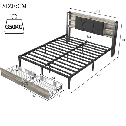 Tweepersoonsbed – Dubbelbed – Bedframe – Lit 160x200 – Gestoffeerd Bed – LED-verlichting – USB-oplaadpoort – Met Laden – Metalen Lattenbodem