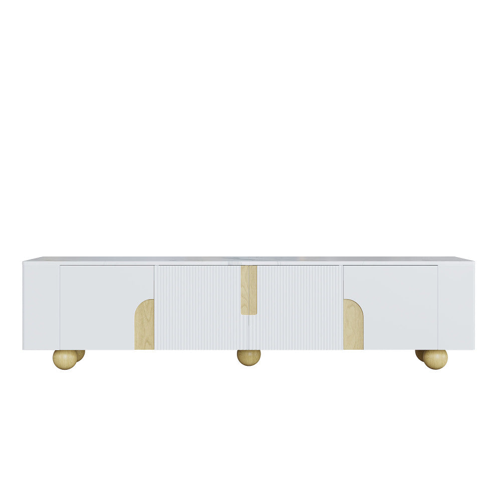 White TV Cabinet 180cm | Four-Door Design, Elegant Silhouette, Marble-Effect Textured Surface, Spherical Wooden Base, Metal Material