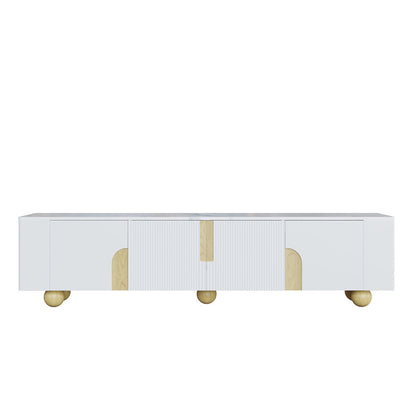 White TV Cabinet 180cm | Four-Door Design, Elegant Silhouette, Marble-Effect Textured Surface, Spherical Wooden Base, Metal Material