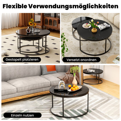 2-Delige Salontafel Set – Woonkamer Tafel – Balkon Tafeltje – Opbergtafel – Marmeren Salontafel – Wit Hoogglans – Goud Metalen Frame – Uitbreidbaar & Veelzijdig