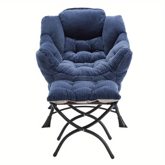 Fauteuil – Lazy Chair – Lounge Chair – Zitstoel – Relaxfauteuil – Navy Blauw – Met Ottoman & Zijvak – Stalen Frame & Flanellen Bekleding