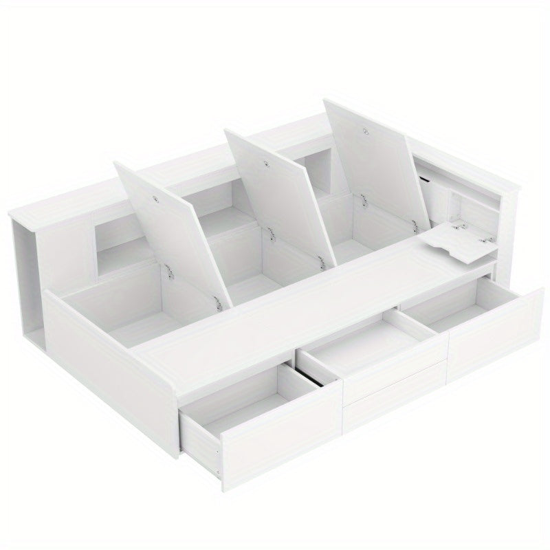 Bedframe – Eenpersoonsbed – Opbergbed – Slaapbank – Ledikant – Met Laden, Boekenplank en Kastje – Stevig Niet-Houten Materiaal, Eenvoudige Montage – Wit Modern Compact Design