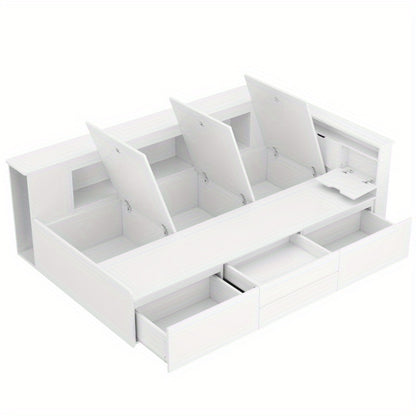 Bedframe – Eenpersoonsbed – Opbergbed – Slaapbank – Ledikant – Met Laden, Boekenplank en Kastje – Stevig Niet-Houten Materiaal, Eenvoudige Montage – Wit Modern Compact Design