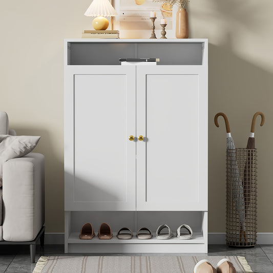 Schoenenkast – Schoenenrek – Schoenenopberger – Halmeubel – Witte Schoenenkast Met Gouden Handgrepen – Verstelbare Planken – 73x34x109 cm – Duurzaam Houtfineer