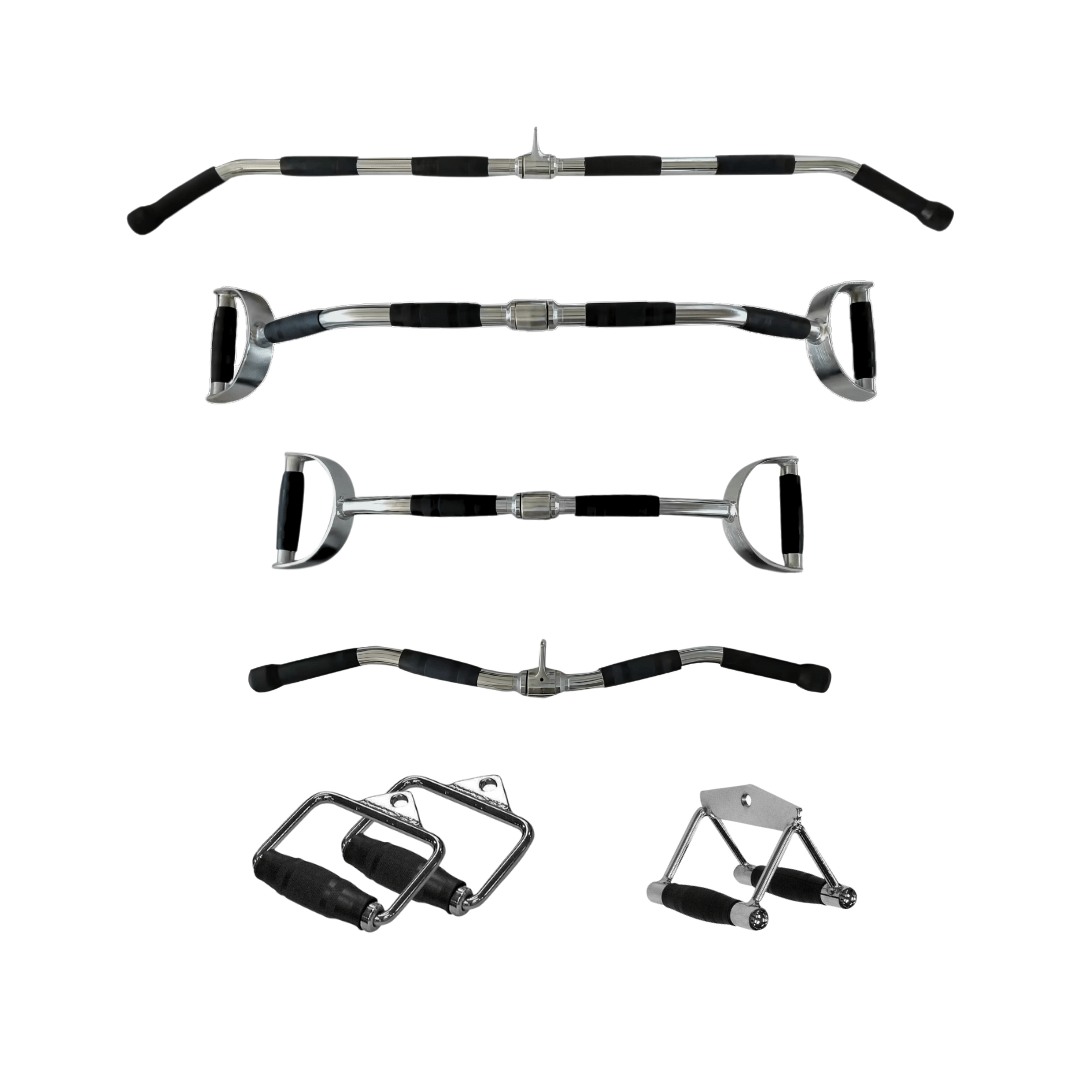 Barbell Machine Bar Set | 6 Essential Accessories for Pulley Stations & Home Gyms | Rowing Bar, Lat Pull Bars, EZ-Curl Bar | Perfect for Full-Body Strength Training
