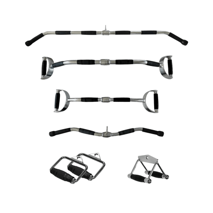 Barbell Machine Bar Set | 6 Essential Accessories for Pulley Stations & Home Gyms | Rowing Bar, Lat Pull Bars, EZ-Curl Bar | Perfect for Full-Body Strength Training