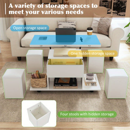 Salontafel – Koffietafel – Bijzettafel – Eettafel – Werktafel – Wit – Liftbaar Tafelblad – Ruime Opbergruimte