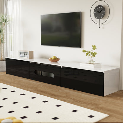 Modern Black & White Metal TV Stand with High-Gloss Finish - 180cm Wall-Mounted Media Console, Space-Saving Design, Ample Storage Shelves & Concealed Compartments for Living Room, Minimalist Entertainment Center, No Electrica