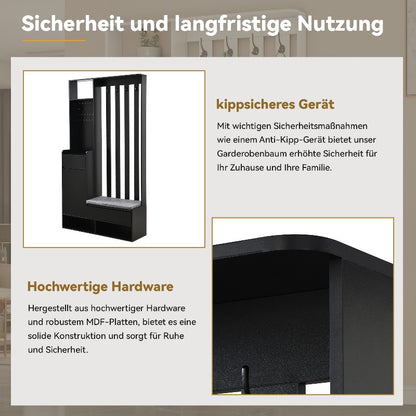 Schoenenkast – Schoenenrek – Schoenenbank – Schoenenopberger – Hal Organizer – Met 4 Haken – Zwart Metalen Frame – Gevoerde Zitplek – 180x100x35 cm – Ruimtebesparend – Duurzaam