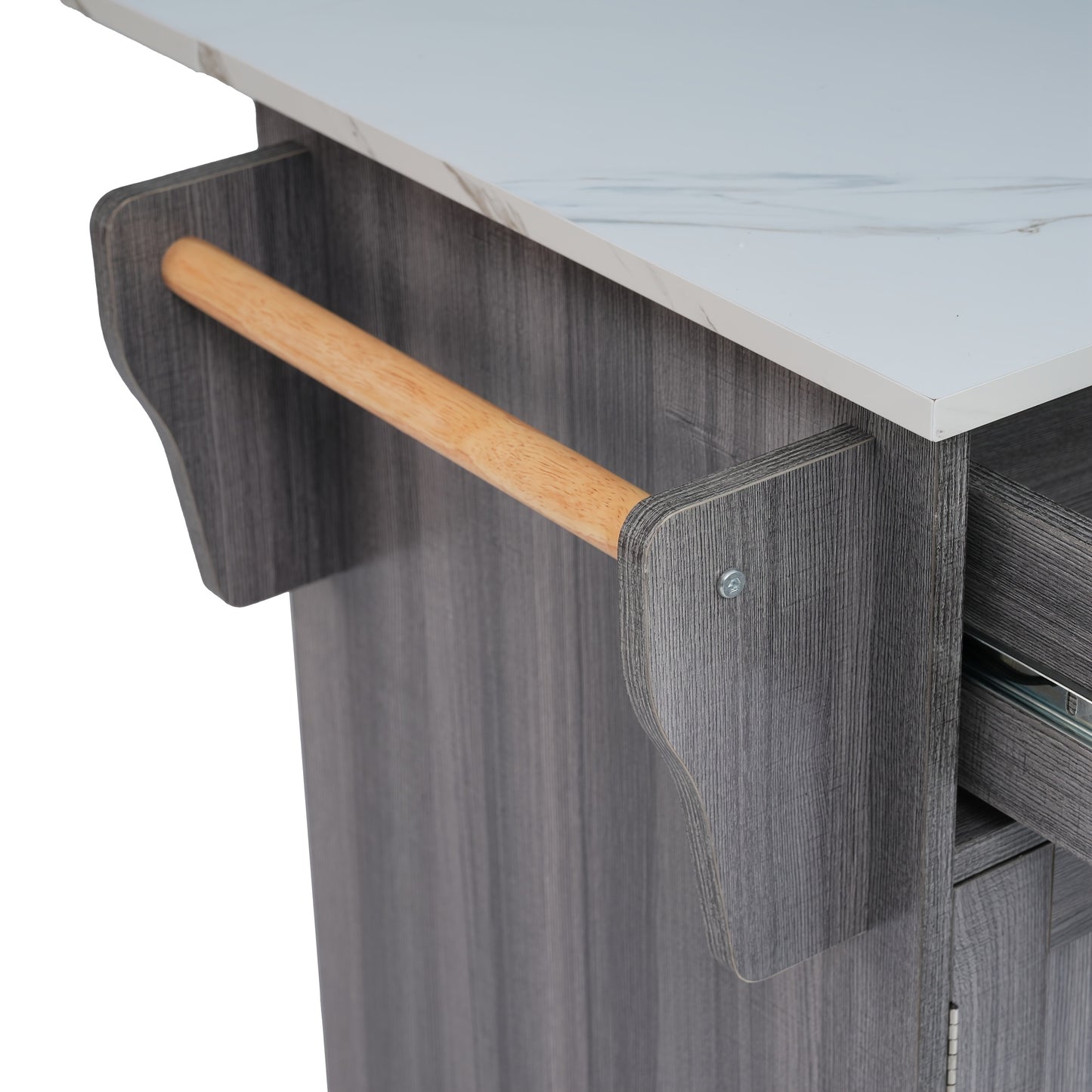 Eettafelkar – Dressoir – Opbergkast – Keukenwagen – Serveerwagen – Uitbreidbaar Marmeren Blad – Mobiel Met Wielen – Khaki Grijs Houtnerf – Massief Houten Poten