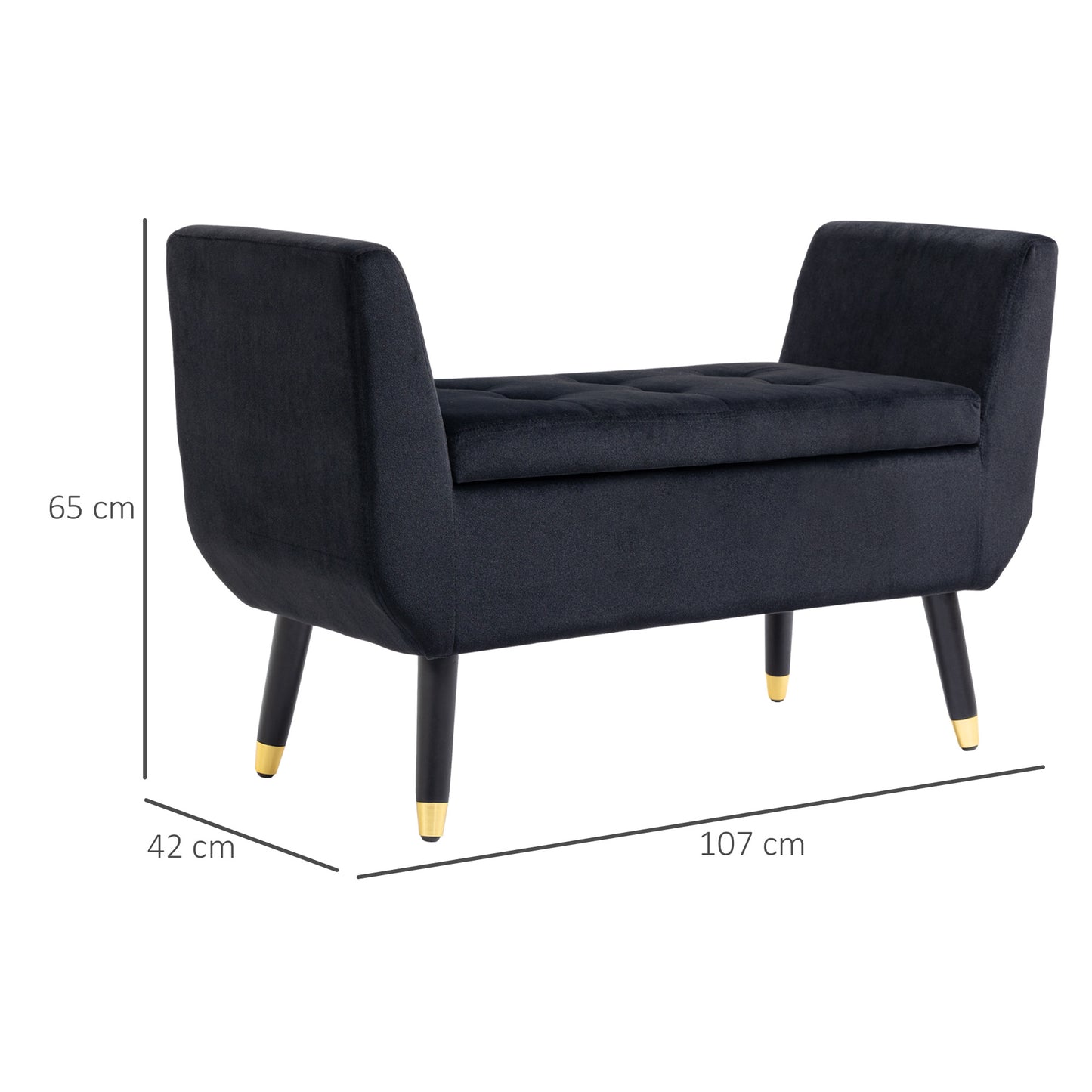 Opbergbank – Opbergbankje – Zitbank Met Opbergruimte – Halbank – Opbergkist – Fluweel Bekleding – Houten Poot – 107x42x65 cm – Zwart