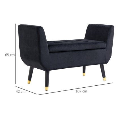 Opbergbank – Opbergbankje – Zitbank Met Opbergruimte – Halbank – Opbergkist – Fluweel Bekleding – Houten Poot – 107x42x65 cm – Zwart