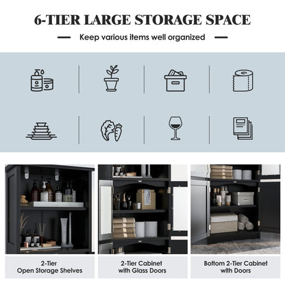 Vitrinekast – Opbergkast – Kasten – Buffetkast – Wandkast – 163 cm Hoog – Mat Zwart Met Veiligheidsglas